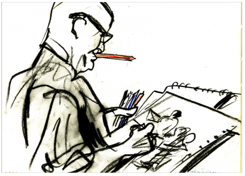 By Richard Tomlinson. An artist making a drawing in court.