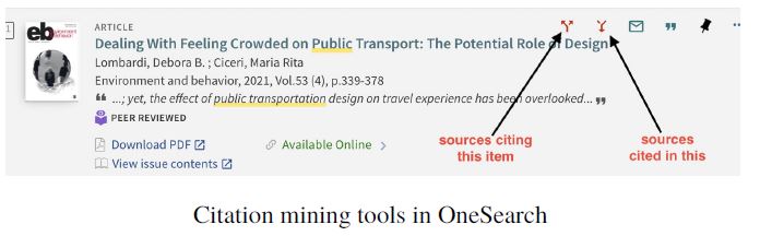 Screenshot of citation mining tools in OneSearch.