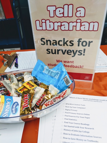 Tell A Librarian sign with bowl of candy